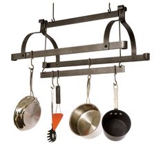 Three Bar Ceiling Pot Rack Hammered Steel - Enclume Design Products Pot Rack Over Sink, Island Pot Rack, Kitchen Island Pot Rack, Ceiling Pot Rack, Cookware Stand, Pot Rack Kitchen, Bar Ceiling, Bar Ceilings, Pot Rack Hanging