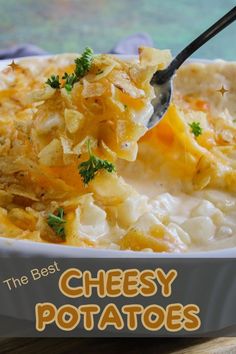 cheesy potatoes in a baking tray Cheesy Potato Recipes, Gluten Free Cheesy Potatoes, Cheesy Potatoes Recipe, Simply Potatoes, Potatoes Easy, Frozen Potatoes, Gluten Free Potatoes, Gluten Free Sides Dishes