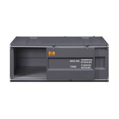 an empty metal storage box with labels on the front and side panels, in grey