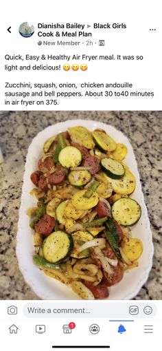 a white plate topped with sliced vegetables on top of a counter next to an instagram post