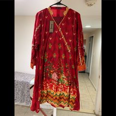 It’s A Beautiful Brand New Dress By Famous Pakistani Brand J. It’s Size 16 X-Large . Any Questions? Let Me Know In Comments Please Traditional Red Fall Dresses, Fitted Red Kurta For Fall, Red Floral Print Kurta For Spring, Red Long Sleeve Kurta With Floral Print, Festive Red Kurta For Fall, Fitted Red Floral Print Kurta, Red Cotton Long Sleeve Tunic, Red Floral Print Spring Kurta, Spring Red Floral Print Kurta