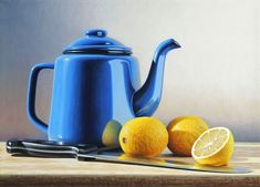 a painting of two lemons and a blue teapot on a cutting board with a knife