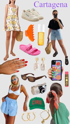 a collage of various items that include shoes, handbags, sunglasses and accessories