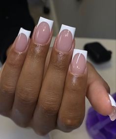 Short Cute French Tip Nails Black Women, Short Acyrilics Nails French Tip, Shortie French Nails, Cute Short French Tip Nails Acrylic, Shortie French Tip, Mini French Nails, Pink French Tip Acrylic Nails, Hot Pink French Tip, White Tip Acrylic Nails