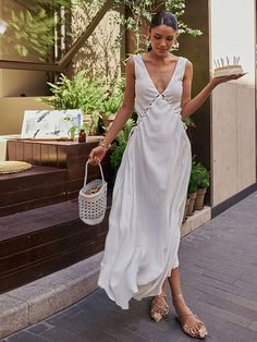 Embroidery Shift Shirred Long Dress ��– COMMENSE Vacation White Dress, White Vacation Dress, Linen Maxi Dress Summer, Flowy White Dress, Gemini Moon, Cross Cutout, Cutout Style, Cross Dress, Criss Cross Dress