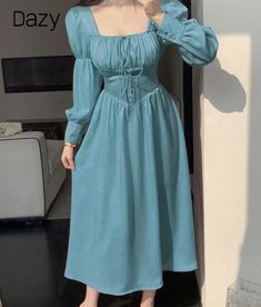 Feminine Aesthetic Outfits, Girls Boutique Dresses, Satin Formal Dress, Cadet Blue, Japanese Dress, Korean Fashion Dress, Muslimah Fashion Outfits, Classy Casual Outfits, Women Midi