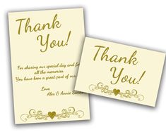 two thank cards with hearts on them and the words thank you written in gold ink