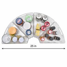 an assortment of condiments arranged in a triangle shape on a white background with the measurements shown