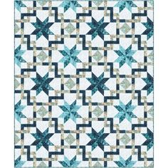 a blue and white quilt with an intricate design on the front, featuring stars in different colors