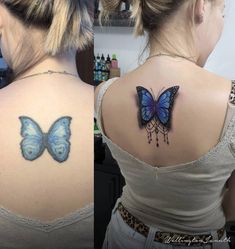 a woman with a blue butterfly tattoo on her upper back shoulder and the other side of her neck