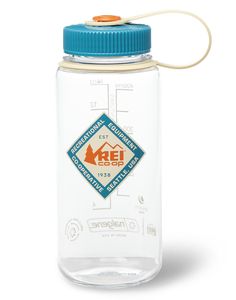 a water bottle with a blue lid and an orange cap on the top is shown in front of a white background