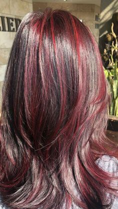 Hair ideas  • red hair streaks  • color hair: black Red Hair Streaks, Red Hair With Highlights, Wine Hair, Cherry Hair, Hair Color Streaks, Hair Streaks, Dyed Hair Inspiration, Healthier Hair