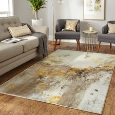 a living room filled with furniture and a rug on top of a hard wood floor