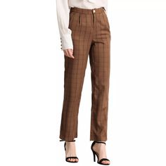 Allegra K Women's Plaid Elastic Waist Casual Work Office Long Trousers Brown X-large : Target Trendy Trousers, Plaid Pants Women, Trendy Trouser, Pants Elastic Waist, Long Trousers, Plaid Pants, Work Clothes, Khaki Color, Casual Work