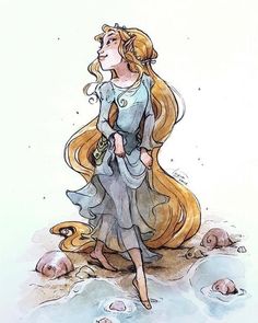 a watercolor and ink drawing of a woman with long blonde hair wearing a blue dress