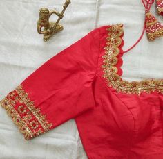 Hand embroidered ready made saree blouse / crop top/stitched saree blouse usa / red saree blouse/modern blouse/zardosi blouse/green saree blouse/ pure silk blouse/light red maggam work blouse        It is very true that a perfect blouse is the one which makes your saree look stand out !! If you find one of such a style that you have been wanting to have then dont let it go !! we carry such unique trending blouses that instantly add a stylish look to any saree !!      Here is a beautiful Hand embroidered zardosi work saree blouse in light red color that has sweat heart neck design at front emblished with hand embroidery all over necks and sleeves front and back as shown!! Runs with any self or contrast color saree ! Please message us for any color / size customization !!  Fabric : pure raw Light Green Maggam Work Blouse Designs, Saree Blouse Modern, Red Saree Blouse, Light Red Color, Maggam Work Blouse Designs, Maggam Work Blouses, Perfect Blouse, Orange Blouse, Sari Blouse