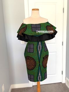 Dress is available in prints. It's a cape dress made to fit.  Available in different sizes and different prints Ankara Gown With Cape Neck, Green Summer Dresses With Cape Sleeves, Green Summer Dress With Cape Sleeves, Green Fitted Dress With Cape Sleeves, Off Shoulder Cape Dress, Ankara Cape Dress, Shoulder Cape Dress, Off Shoulder Cape, Gown With Cape