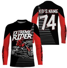 a black and red shirt with an image of a motorcyclist on it