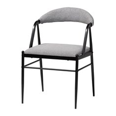 a gray chair with black frame and grey upholstered seat pad on an isolated white background