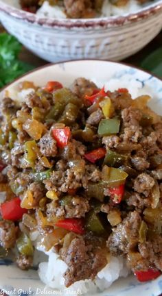 beef and pepper rice bowls on a plate