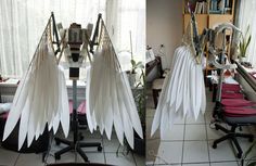 two pictures of white wings hanging from the ceiling in front of a desk and chair