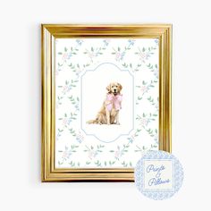 a golden retriever with a pink bow sitting in front of a white background and gold frame