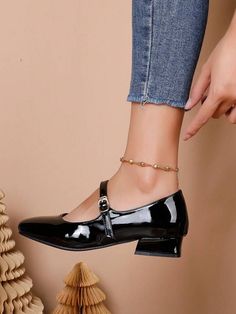 New Fashion Chunky Heel Pu Leather Women's Comfortable Flat Shoes | SHEIN USA Affordable Black Elegant Flats, Casual Party Mary Janes, Modern Black Flats With Square Toe, Black Bow Flats For Work, Chic Black Flats With Bow, Elegant Black Flat Mary Janes, Flats Shoes Comfortable, Comfortable Flats, Maternity Bag