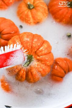 a brush is being used to clean pumpkins in a tub filled with water and foam