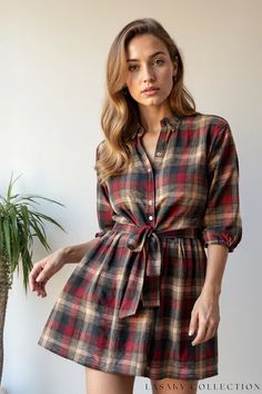 Plaid Wrap Front Mini Dress with Tie Waist Plaid Dresses, Visually Pleasing, Black And Beige, Dress With Tie, Daily Dress, Plaid Dress, Three Quarter Sleeves, Plaid Pattern, Three Quarter