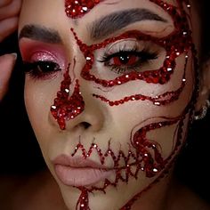 Rhinestone Halloween Makeup Looks, Bejeweled Halloween Makeup, Bedazzled Halloween Makeup, Bedazzled Skeleton Makeup, Bedazzled Skull Makeup, Halloween Makeup Looks With Gems, Skull Gem Makeup, Halloween Red Makeup Ideas, Gem Halloween Makeup