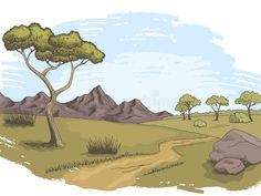 a landscape with trees, rocks and mountains in the background royalty illustration on white paper