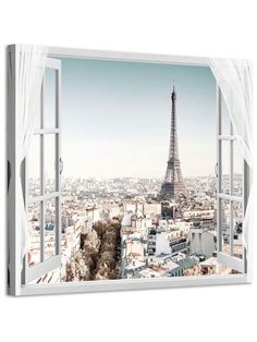 the eiffel tower is seen through an open window