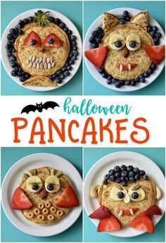 pancakes with fruit, berries and an owl face on them