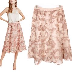 Anthropologie Shannon Embroidered Floral Design Midi Skirt Pale Pink Medium New With Tags $150 Embroidered Florals Lend This Midi Skirt A Dreamy, Delicate Finish. Perfect For Spring Or Summer Events! Super Cute & Flattering. Nylon Embroidered Detail A-Line Midi Silhouette Side Zip Hand Wash Waist: 15 In Length: Inner Lining 27.5 In , Outer Layer 30 In Measurements Are Approximate Laying Flat Thanks For Stopping By My Store Fast Shipping: Same Or Next Day! Loveshackfancy Ulla Johnson Zimmermann S Elegant Long Skirt With Floral Embroidery, Elegant Summer Skirt With Floral Embroidery, Floral Embroidered Full Skirt For Spring, Elegant Embroidered Summer Skirt, Fitted Floral Embroidered Skirt, Elegant Long Embroidered Skirt, Spring Skirt With Floral Embroidery, Spring Floral Embroidered Long Skirt, Spring Full Skirt With Floral Embroidery