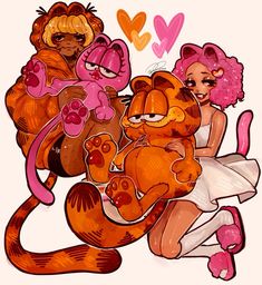 two girls are hugging teddy bears and one girl is wearing pink hair, the other has an orange cat