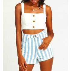 Super Cute High Waist White And Blue Striped Denim Shorts. New With Tags. Would Be Adorable With The Matching Jacket! Check Out My Closet To See The Jacket! Smoke Free Home. Tags: Summer, Trendy, Vacation, Casual, Beachy White High Waist Denim Shorts, Summer White High Waist Jean Shorts, White High Waist Jean Shorts For Summer, White High-waist Jean Shorts For Summer, White Mid-rise Jean Shorts For Summer, Striped Short Length Tops, Summer Striped High-waisted Jean Shorts, Striped High-waisted Jean Shorts For Summer, White Denim Beach Bottoms