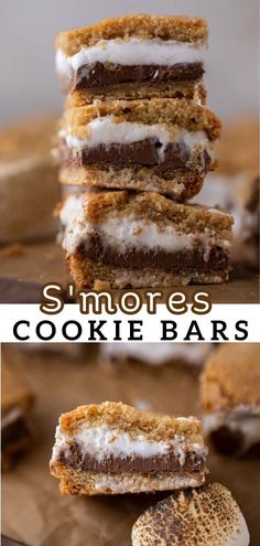 s'mores cookie bars stacked on top of each other