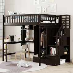 a loft bed with stairs and desk underneath