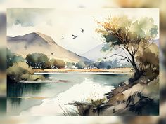 a watercolor painting of a lake with trees and birds flying over it, in front of mountains