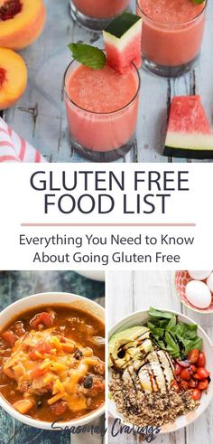 the gluten free food list is shown with pictures of different foods and drinks