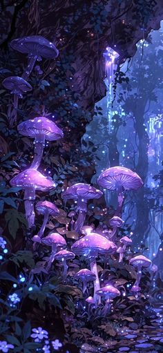 purple mushrooms growing in the forest with trees and flowers around them, all lit up at night