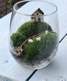 a glass vase filled with moss and small houses