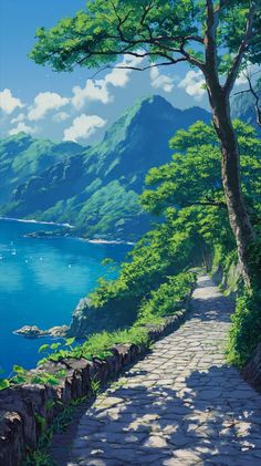 a painting of a path leading to the ocean with mountains and water in the background