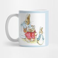 a coffee mug with an image of peter rabbit and friends