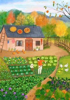 a painting of a person in front of a house with vegetables and fruit growing on it