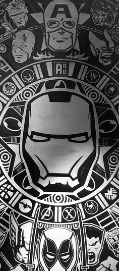 the iron man symbol is shown in this black and white photo, as well as many other symbols