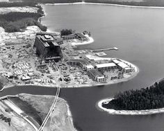 an aerial view of a construction site in the middle of a large body of water