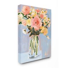 a painting of pink and yellow flowers in a glass vase on a blue background canvas