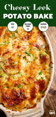 a close up of a casserole dish on a table with the words cheesy look potato bake above it