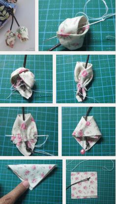 the instructions for how to make an origami heart with fabric and threads